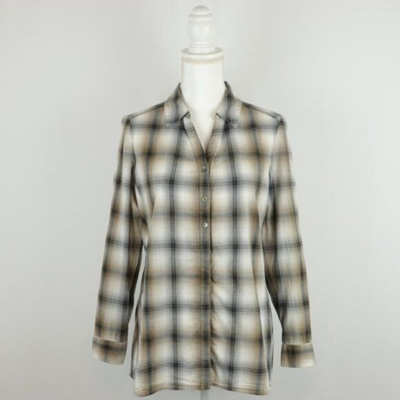 J. Jill Women's Medium Gray Tan Plaid Cotton Blend Long Sleeve Button Up Shirt - Picture 1 of 9